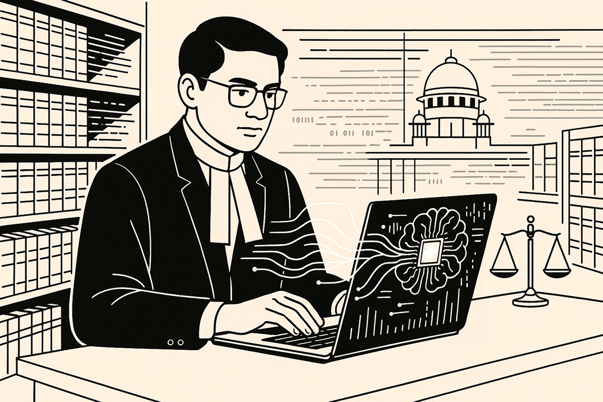 An Indian lawyer in a black coat and gown researching with AI in a modern legal library, surrounded by law books and digital data streams blending together