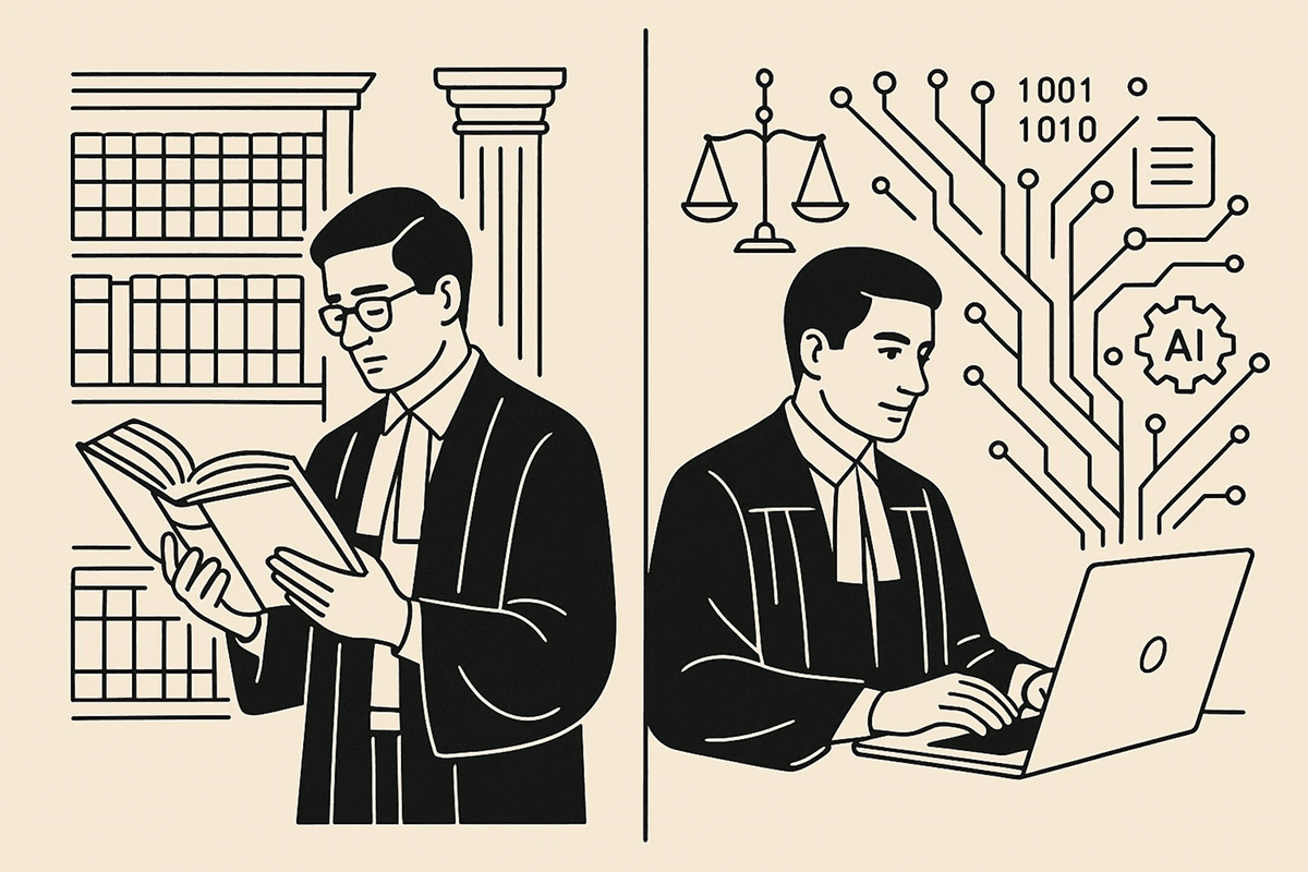 Indian lawyers moving from law books to AI-powered research, symbolizing the evolution of legal research in India