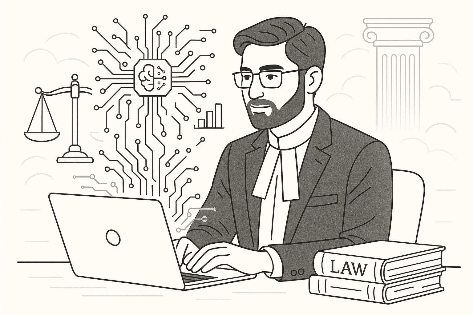 Illustration of a lawyer using artificial intelligence tools for legal research and drafting in a modern courtroom setting