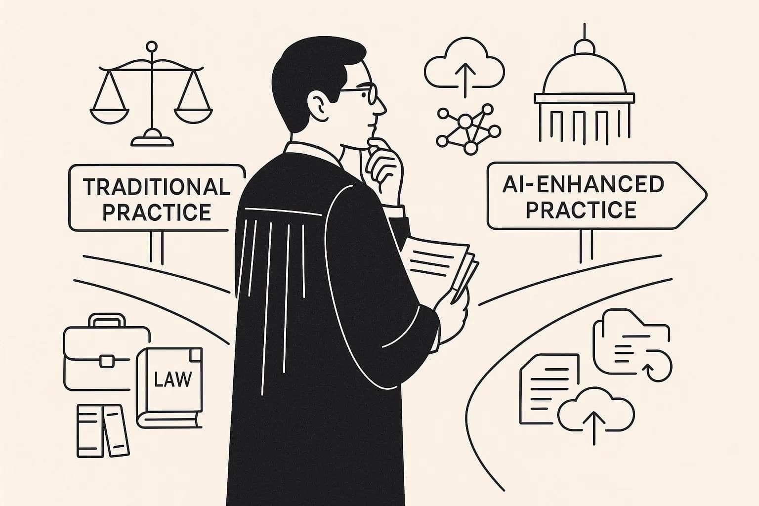 Courtroom scene with AI technology graphics symbolizing the impact of artificial intelligence on the legal system